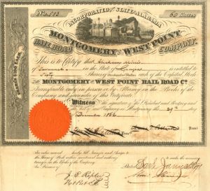 Montgomery and West Point Rail Road Co. - Stock Certificate
